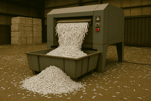 عکسی از دستگاه خردکن و فشردهسازی کاغذ باطله در یک سوله