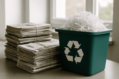 دو مرد در حال بازرسی کاغذهای روی نوار نقاله که به دستگاه خمیر کردن کاغذ باطله میرود